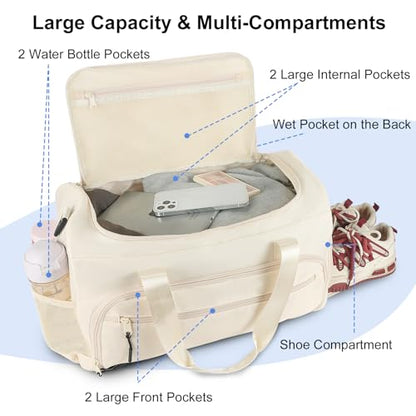 Gym Bag for Men Women, Sports Duffle Bag with Wet Pocket & Shoes Compartment, Water Resistant Overnight Weekender Bag Duffel Bag - color: Beige