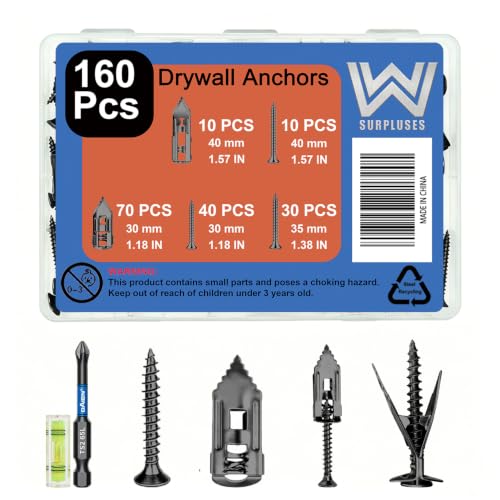 160 Pcs Black Drywall Anchors with Screws Kit, Zinc Plated Alloy Steel | Includes a Phillips Screwdriver And a Level Gauge, 2 Size Drywall Anchors And 3 Size Screws - color: Black