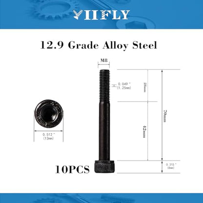 M8-1.25 x 70mm Socket Head Cap Screws, M8 Bolts, 12.9 Grade Alloy Steel, Allen Socket Drive, Black Oxide Finish, Half Thread, Quantity 10 - size: M8 x 70mm(10PCS)