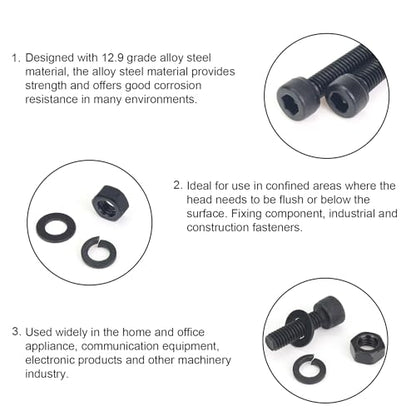 DYWISHKEY 566 Pieces M3 Black Screws, 12.9 Grade Alloy Steel M3x 4/6 /8/10 /12/16 /20mm Hex Socket Head Cap Screws Bolts Nuts Washers Assortment Kit - size: M3, style: Socket Head