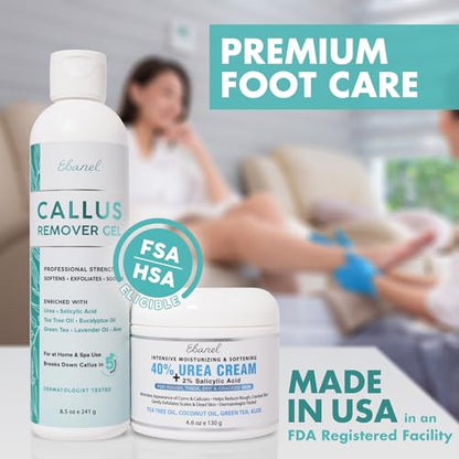 Ebanel Set of Salon Grade Callus Remover for Feet Gel + 40% Urea Foot Cream | Dry Cracked Heel Repair with Salicylic Acid, Epsom Salt, Helps Soften and Smooth Calluses and Rough Skin for Baby-Soft Feet - size: 13.1 Ounce (Pack of 1)
