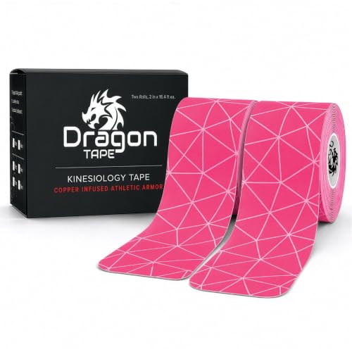 Dragon Tape Copper Infused Kinesiology Tape, Pink, Double Roll | 20 Precut Strips per Roll, Water Resistant, Elastic Athletic Tape, Muscle Strain & Joint Support, Weightlifting & Recovery - color: Pink, size: Double Roll