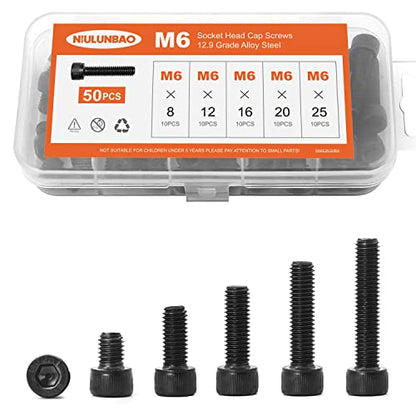 M6 x 8mm 12mm 16mm 20mm 25mm Hex Socket Head Cap Screws Bolts 12.9 Grade Alloy Steel, Black Oxide Finish, Metric Allen Hex Drive, Machine Fully Threaded, Assortment Kit 50PCS - size: M6 x 8/12/16/20/25mm (50PCS)