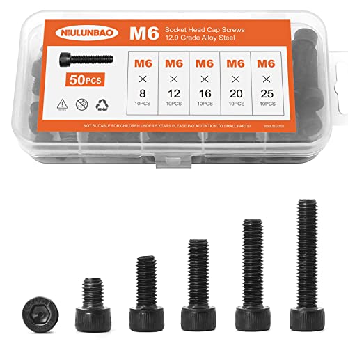 M6 x 8mm 12mm 16mm 20mm 25mm Hex Socket Head Cap Screws Bolts 12.9 Grade Alloy Steel, Black Oxide Finish, Metric Allen Hex Drive, Machine Fully Threaded, Assortment Kit 50PCS - size: M6 x 8/12/16/20/25mm (50PCS)