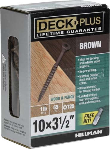 Deck Plus 3-1/2 Inch Epoxy Coated Exterior Wood and Fence Screws #10 x 3-1/2" Torx/Star Drive Included Coarse Thread, Outdoor Rust Resistant Decking Screw, Brown, 1lb Box, 55 Pieces | 49011 - color: Brown, size: #10 x 3-1/2", style: 55 pcs
