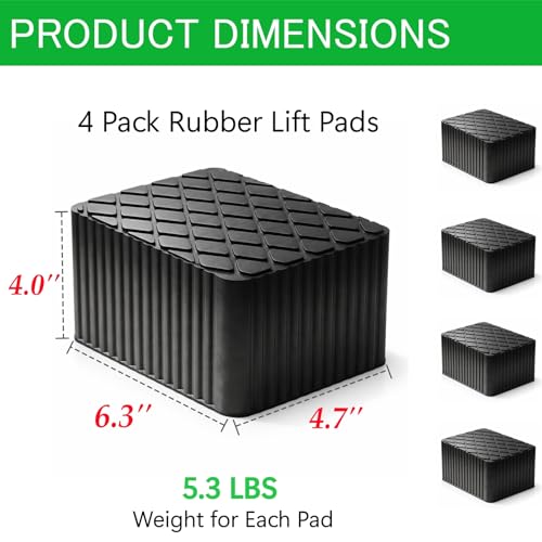 Anti-Skid Solid Rubber Auto Lift Pads – 4 Pack Heavy Duty Lift Blocks for Floor Jacks, Jack Stands & Car Lifts, 4300 Lbs Loading Capacity, 6.3" x 4.7" x 4.0" Size for Frame Protection - size: 6.3" x 4.7" x4.0"
