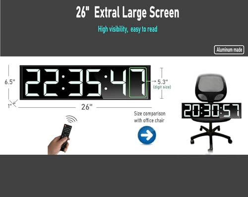 26'' Extra Large Home Gym Timer Clock, Programable Workout Interval Timer, Digital Wall Clock, with 7-Color Night Light, 8 Alarm Clocks, Calendar/Temperature, Countdown & Stopwatch (White)