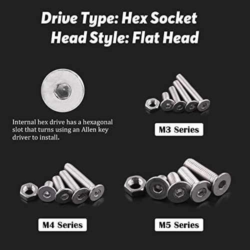 Hilitchi 510pcs M3 M4 M5 Stainless Steel Flat Head Hex Socket Head Cap Bolts Screws Nuts Assortment Kit - 304 Stainless Steel (Flat Head) - style: Flat Head