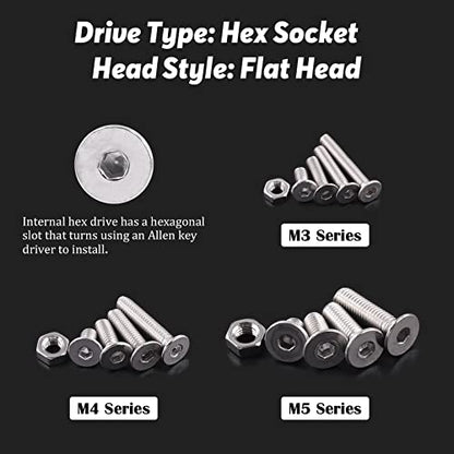 Hilitchi 510pcs M3 M4 M5 Stainless Steel Flat Head Hex Socket Head Cap Bolts Screws Nuts Assortment Kit - 304 Stainless Steel (Flat Head) - style: Flat Head