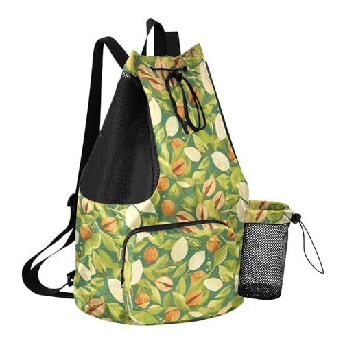 Yuiboo Cute Green Leafs Nuts Drawstring Gym Bags Climbing Gym Bag with Inside Pockets Cinch Back Sack Waterproof