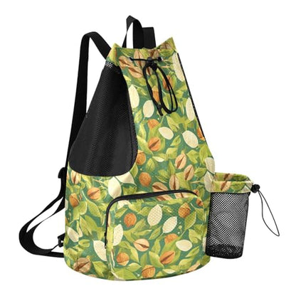 Yuiboo Cute Green Leafs Nuts Drawstring Gym Bags Climbing Gym Bag with Inside Pockets Cinch Back Sack Waterproof