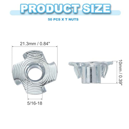PATIKIL 5/16-18 T-Nuts, 50 Pcs Zinc Plated Steel 4-Pronged Tee Blind Nut 10 mm Length Four-jaw t Nuts Threaded Inserts Hardware for Wood Furniture Cabinetry Rock Climbing Holds - size: 5/16-18x10mm