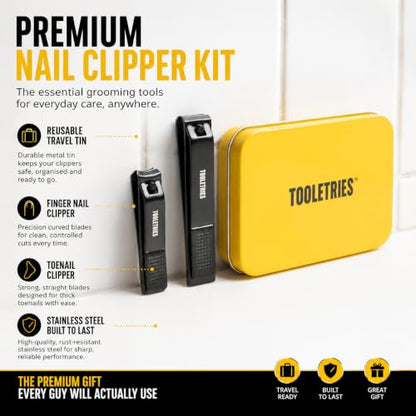 TOOLETRIES Premium Nail Clipper Kit with Travel Tin - Black | Premium grooming kit featuring stainless steel finger & toenail clippers in a reusable tin: for home, travel & gifting.