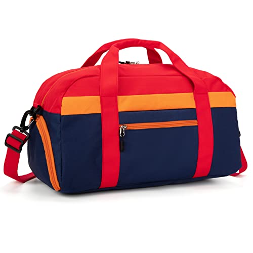 Small Kids Duffle Bag for Boys or Girls, 18" Length, Navy Red | Fit Weekender, Sports Practice, or Overnight Travel - color: Navy Red