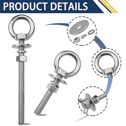 4 Pack M12 Stainless Steel Eye Bolts with Nuts, 1/2" x 6" Eye Bolts | 304 Stainless Steel Eye Bolt,Eye Bolts Heavy Duty for Hang Tie Down Outdoor,1/2 eye bolts with nuts,m12 eye bolts - size: M12x153mm (1/2"x6")