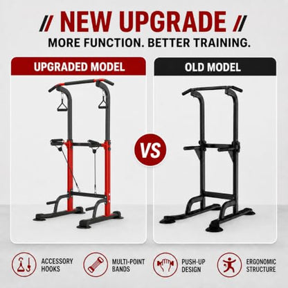 Power Tower Pull Up Bar Station, Adjustable Height Dip Stand | Adjustable Height, Pull-Ups & Dips, Space-Saving Design, Heavy-Duty Steel, Fits Users Under 6 FT - color: Red