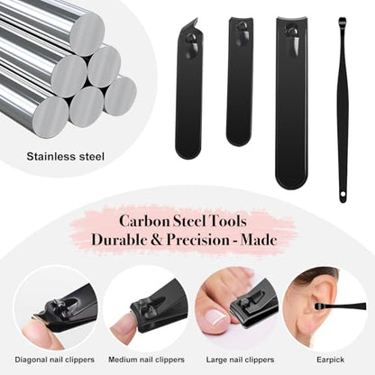 Manicure Set, 5 Piece Nail Care Kit with Carbon Steel Tools (Cuticle Nipper, Small & Large Nail Clippers, Ear Pick, Glass File), Portable Grooming Pouch, Manicure Set Nail Clippers(Pink) - color: Pink