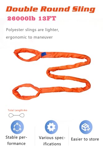 Polyester Eye & Eye Round Sling, 26,000 lbs Capacity, 13 FT Heavy Duty Rigging Lift Sling with Reinforced Eyes for Crane, Hoist, Recovery, Construction, Material Handling