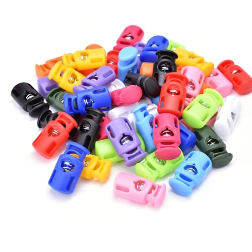CooBigo 50 PCS Assorted Plastic Spring Cord Lock for Paracord Drawstring Clip, Stopper Toggle for Sweatpants Hoodie Elastic Shoelace String Lock Bungee Swim Goggles Fastener Replacement - color: 02-Assotred Colors 50pcs