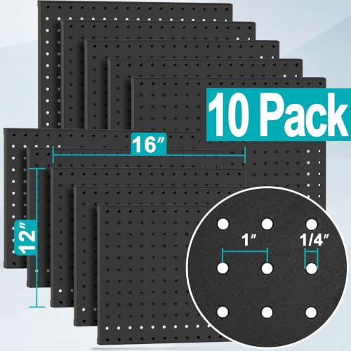 PBHEPJ Peg Board, 10 Pack Metal Pegboard Panels with 76 Pcs Hooks and Baskets, Heavy Duty Peg Board Wall Organizer for Walls Home, Garage Tool Storage, Office Organization, Black