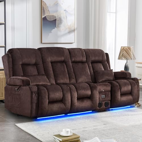 IPKIG Power Recliner Sofa with Flip-Up Backrest Console, USB & USB-C Ports, AC Outlet, LED Lights, Wall Hugger Recliners for Living Room, RV (Chocolate, 89" - 4 Seat) - color: Chocolate, size: 89" - 4 Seat