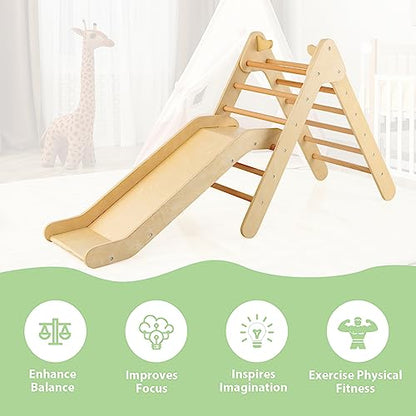 OLAKIDS Pikler Triangle Set 2 in 1 Climbing Toys for Toddlers Foldable Wood Montessori Baby Jungle Gym with Ladder Ramp Slide Kids Indoor Playground Activity Play Structure - color: Natural