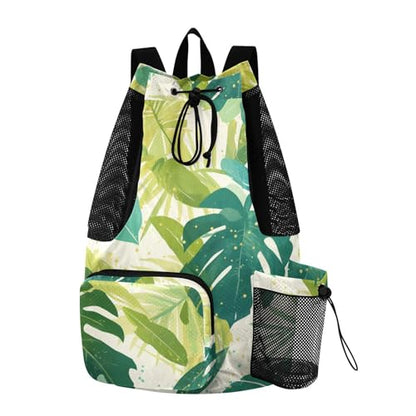 Drawstring Climbing Gym Bag With Pockets Mens Drawstring Bags with Wet Dry Compartments Watercolor Monstera Deliciosa Leaves Green