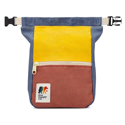 Oso Supply Co - Kulshan Bouldering Bucket, Large Size Chalk Bag for Rock Climbing, Chalk Pot with Magnetic Roll Down Closure, Brush Loop, Zippered Pockets for Climbers - color: Canyon Red & Gold