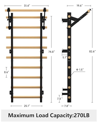 Swedish Ladder Wall Gym, Wooden Wall-Mounted Stall Bars with Pull-up Bar & Exercise Straps & Dip Bars, Stretching Ladder Full Body Home Gym Adults New - color: Black