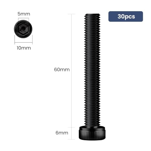 30pcs M6 x 60mm Hex Socket Head Cap Screws Bolts, 12.9 Grade Alloy Steel, Black Oxide Finish, Allen Socket Drive, Full Threads,with Hex Spanner - size: M6x60mm