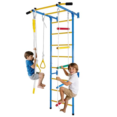 5in1 Climbing Toy Set, Steel Ladder wall kit (Including Ladder wall, Horizontal Bars, Ropes, Gymnastic Rings, and a Sturdy wall), a Set of Climbing ladders for Boys and Girls as Gift.