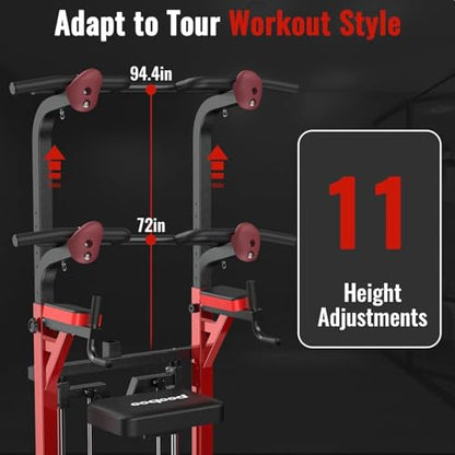 Pooboo Power Tower Dip Station Pull Up Bar for Fitness Home Gym Workout,450 Pounds Multi-Function Adjustable Height Fitness Strength Training Exercise Equipment,with Power Elastic Ropes - color: Black10