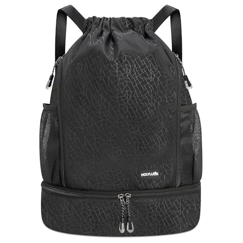 HOLYLUCK Drawstring Backpack Gym Bag with Shoe Compartment for Soccer,Basketball, String Swim Beach Bag for Men Women, Black - color: Black