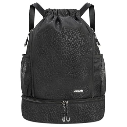 HOLYLUCK Drawstring Backpack Gym Bag with Shoe Compartment for Soccer,Basketball, String Swim Beach Bag for Men Women, Black - color: Black