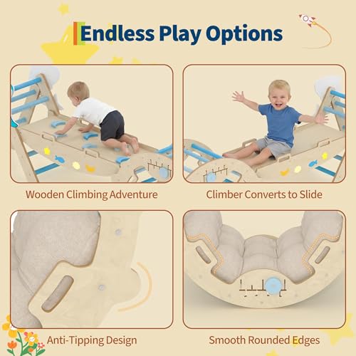 OUTLANE Pikler Triangle Set, 7-in-1 Foldable Wooden Toddler Climbing Toys Indoor, Jungle Gym for Toddlers, Large Montessori Climbing Set with Reversible Slide, Arch Ramp, Ladder & Cushion (Blue) - color: Blue