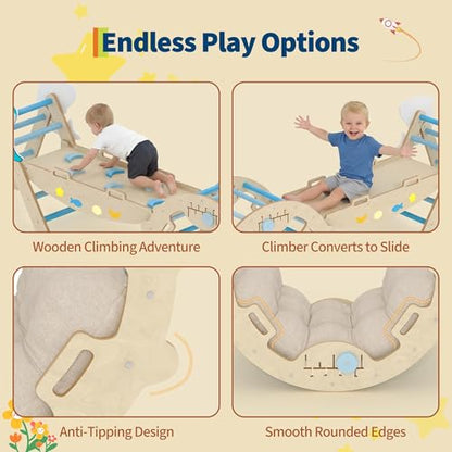 OUTLANE Pikler Triangle Set, 7-in-1 Foldable Wooden Toddler Climbing Toys Indoor, Jungle Gym for Toddlers, Large Montessori Climbing Set with Reversible Slide, Arch Ramp, Ladder & Cushion (Blue) - color: Blue