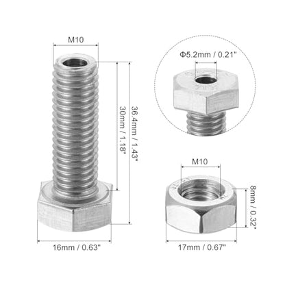 MECCANIXITY M10x30mm Hollow Screw Bolts External Hexagon Fasteners with Nuts, 304 Stainless Steel Pack of 2 - size: M10x30mm