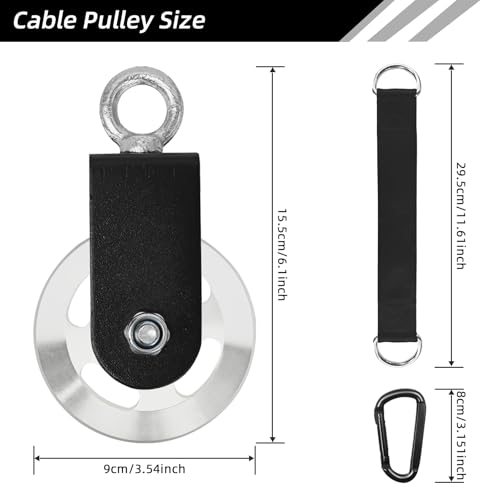LFJ Aluminum Alloy Cable Pulley with Swing Strap Carabiner, 90mm Pulley Wheel for LAT Pulley System DIY Pull Down Attachment,Ladder Lift,Home Gym Equipment - color: Silver