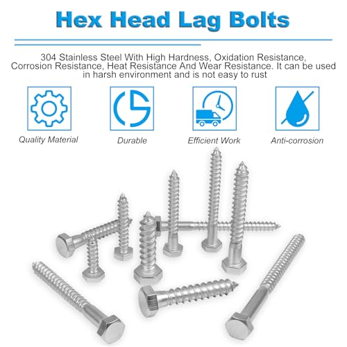 25 Pcs 1/4" x 2" Hex Head Lag Screws, 304 Stainless Steel Lag Bolts Hexagon Head Wood Screws Heavy Duty Large Screws for TV Mounts, Deck, Boat Repair - size: 1/4 x 2" (25 pcs)