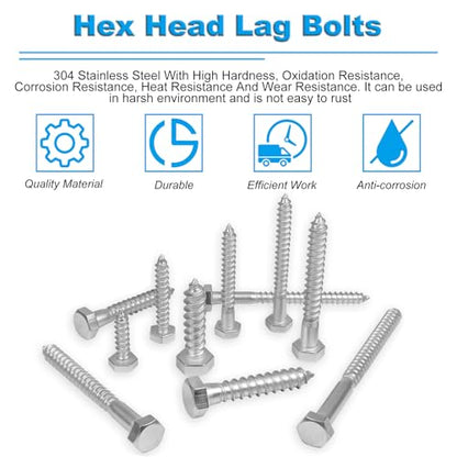 25 Pcs 1/4" x 2" Hex Head Lag Screws, 304 Stainless Steel Lag Bolts Hexagon Head Wood Screws Heavy Duty Large Screws for TV Mounts, Deck, Boat Repair - size: 1/4 x 2" (25 pcs)