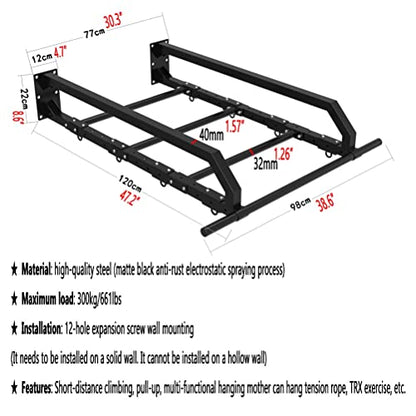 Wall Mounted Pull Up Bars/Climbing Frames, Multifunctional Steel Fitness Bar with 6 Grommets, Adjustable, Load 300kg