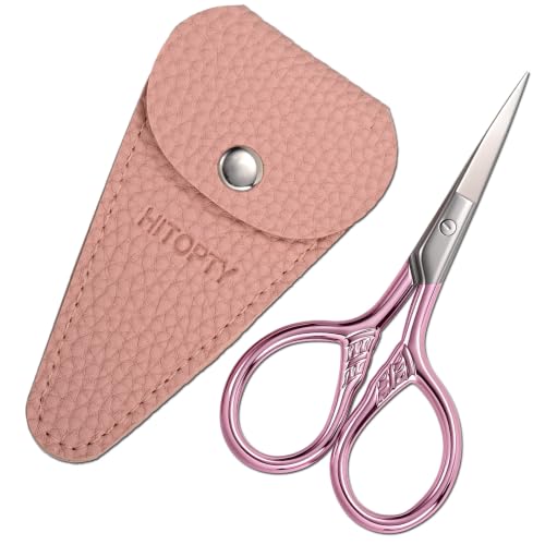 Small Pointed Scissors for Women Men Facial Hair, Beard, Mustache | Mini Grooming Scissor Little Travel Shears, for Eyebrow, Eyelash, Sewing, Embroidery, Craft, Detail Thread Cut with Sheath - color: Pink
