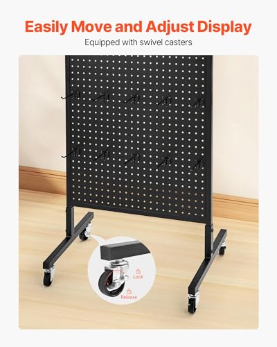 VEVOR Standing Pegboard Display, 23.6 x 63 in Pegboard Display Stand with Swivel Casters and 30 Hooks, Thickened Cold-Rolled Steel Peg Board Panel for Grocery, Retail Store and Jewelry Shop, Black - style: Standard Style