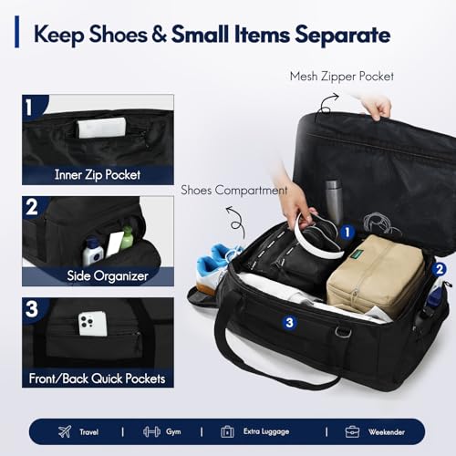 Haimont 60L Foldable Travel Duffel Backpack, Black | Shoe Compartment, Stowable Straps, U-Shaped Opening, Water-Resistant Build - color: Black