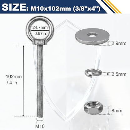 4 Pack M10 Stainless Steel Eye Bolts with Nuts, 3/8" x 4" Eye Bolts | 304 Stainless Steel Eye Bolt,Eye Bolts Heavy Duty for Hang Tie Down Outdoor,3/8 eye bolts with nuts,m10 eye bolts - size: M10x102mm (3/8"x4")