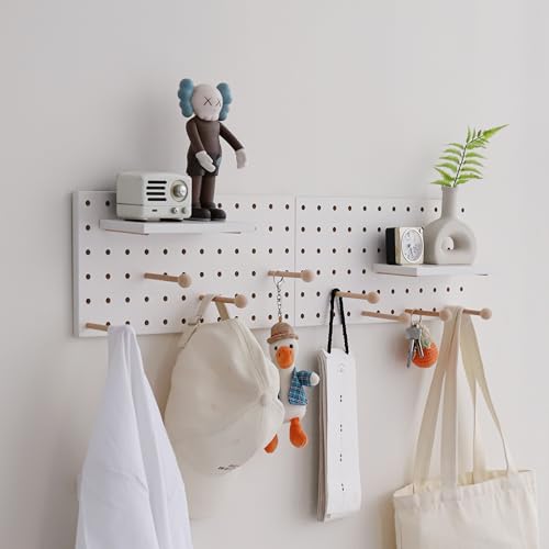 Wooden Pegboard Accessories Set: Modular Wall Hooks & Shelf for Garage, Office & Home Organization(White Colored Finish-B) - color: White Colored finish-B-2