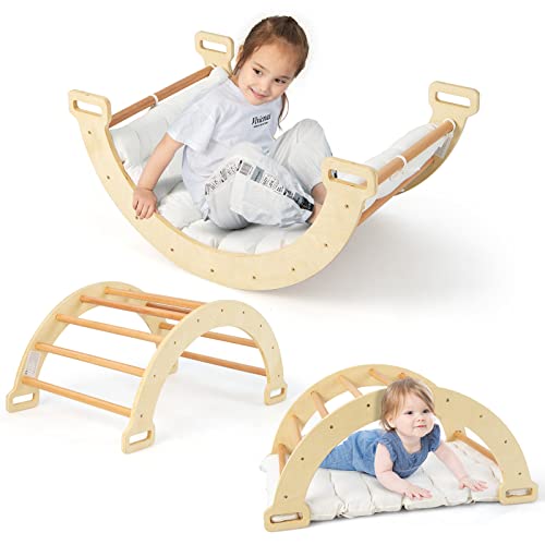HONEY JOY Wooden Ladder Arch for Climbing, 3-in-1 Kids Climber Ladder & Rocker Board w/Cushion Pad, Triangle Climber for Playground, Gym & Daycare, for Toddlers Boys Girls, Patented (Natural) - color: Natural, size: Ladder Arch without Ramp