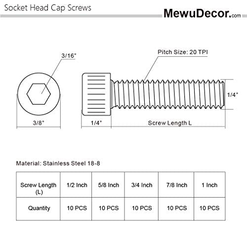 1/4-20 x 1/2", 5/8", 3/4", 7/8", 1" Socket Head Cap Screws, Stainless Steel 18-8 (304), Bright Finish, Fully Threaded, Allen Hex Drive, 50 PCS - size: 1/4-20 x 1/2", 5/8", 3/4", 7/8", 1" (50 PCS)
