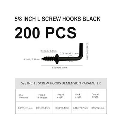 200 PCS 7 Shaped Right Angle Screw Hooks, 5/8 Inch Small Black Screw in L Shaped Hooks for Hanging Lamp,Plants,Decorations,kitchenware and DIY Crafts - size: 5/8inch 200pcs