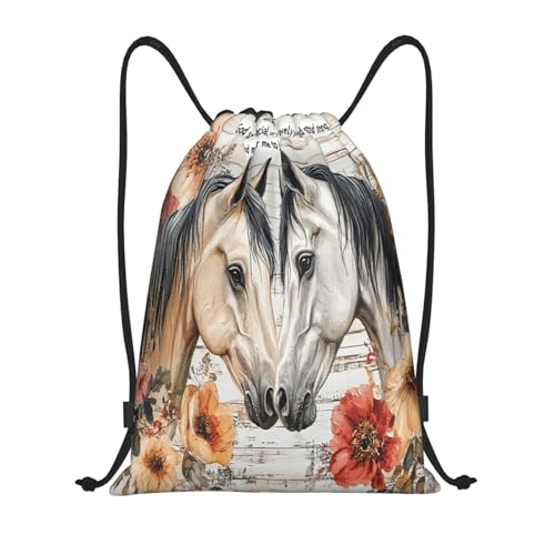 Drawstring Sports Backpacks - Lightweight Swim Gym Bags for Women Men String Sackpack for Beach Travel Yoga(Small, Horse Heads Flowers) - color: Horse Heads Flowers, size: Small